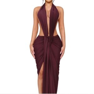 Coucoo Backless Halter Dress in Deep Burgundy
